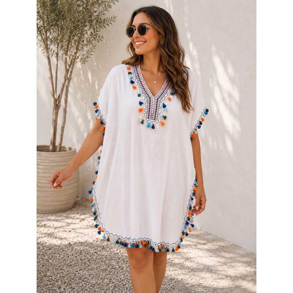 India Boutique White Cotton Beach Cover Up Embroidered Tassel Trim Boho Kaftan